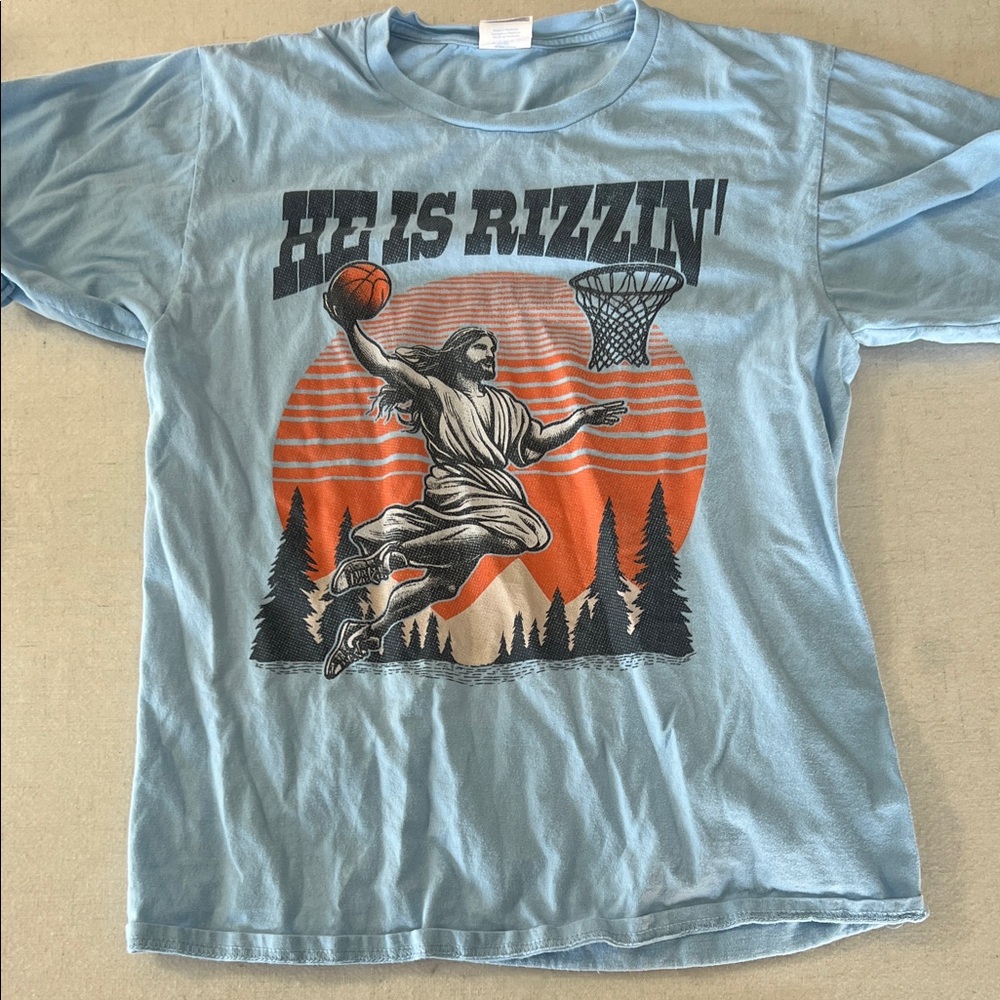 Light Blue Graphic Tee with Orange Basketball Design